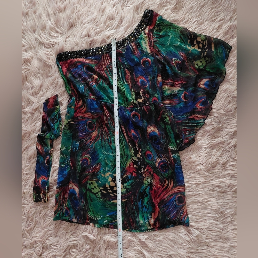 💕2☆ for $20 Bisou Bisou Michele Bohbot One-Shoulder Rhinestone Peacock Dress - Picture 3 of 9